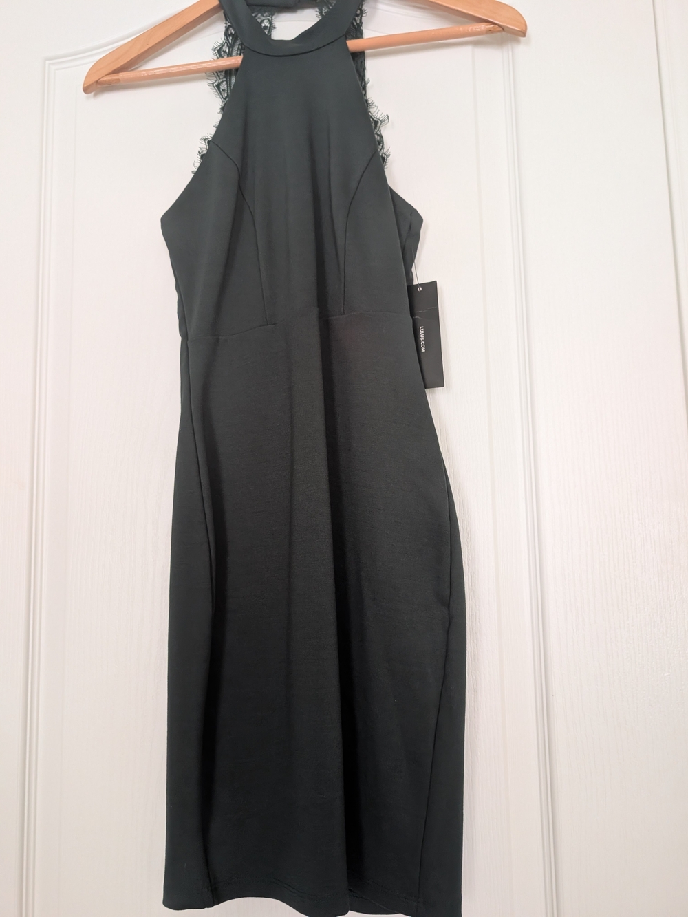 Lulu's Black Halter Midi Dress with Lace-Trim Back